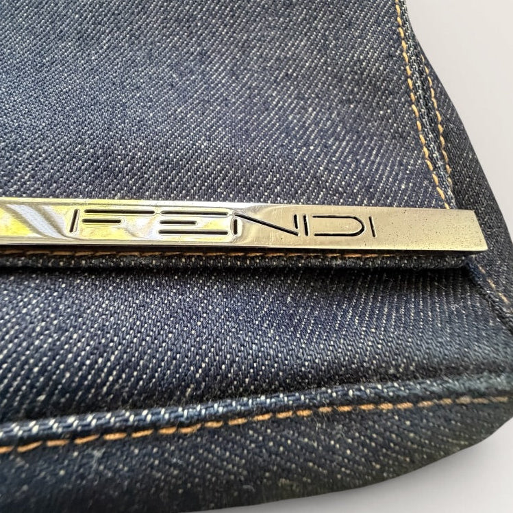 Fendi Denim Baguette Shoulder Bag — Dark Wash Brown Leather Y2K 2000s Vintage