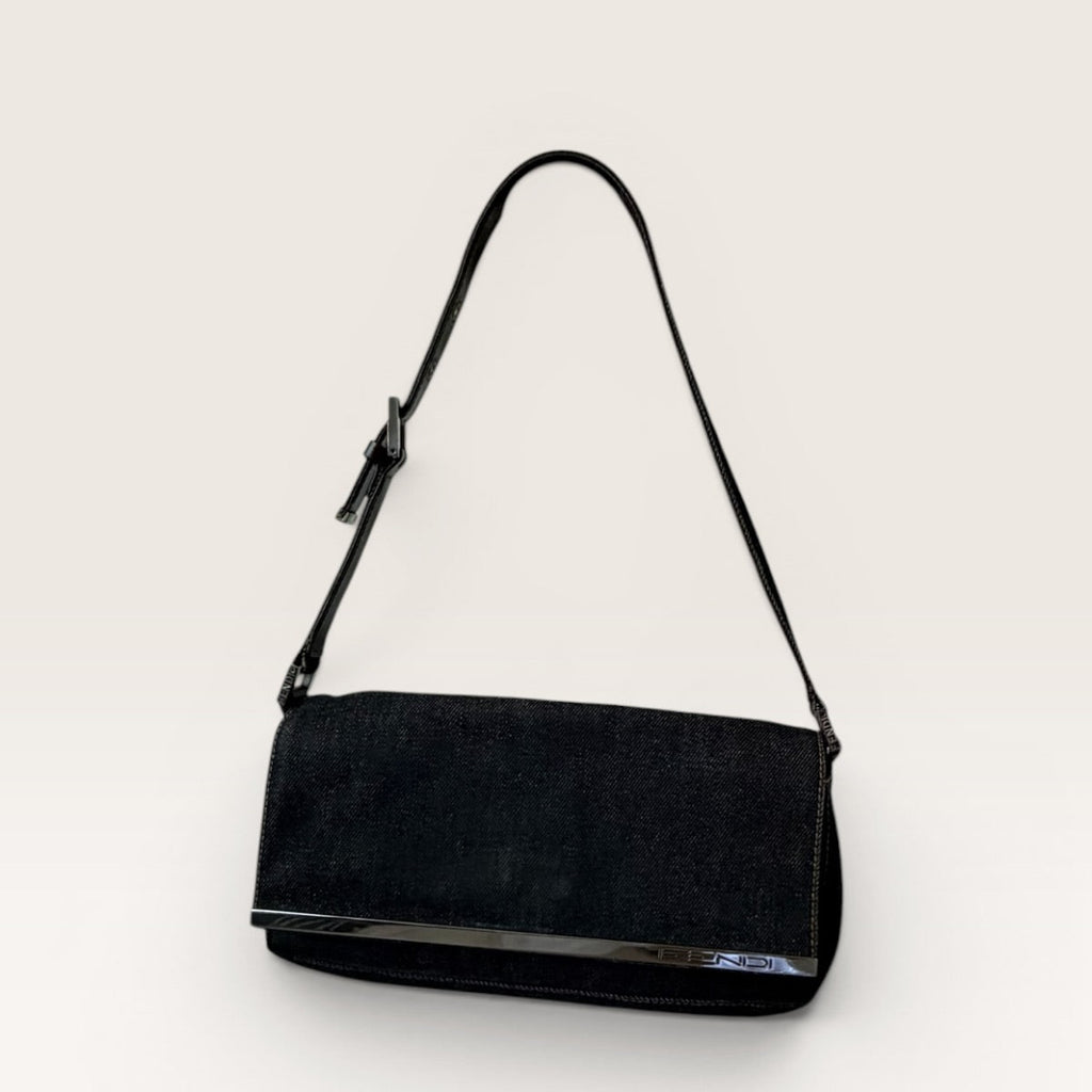 Fendi Denim Baguette Shoulder Bag — Dark Wash Brown Leather Y2K 2000s Vintage