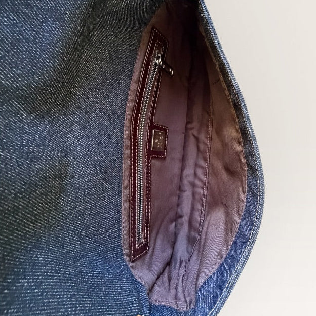 Fendi Denim Baguette Shoulder Bag — Dark Wash Brown Leather Y2K 2000s Vintage