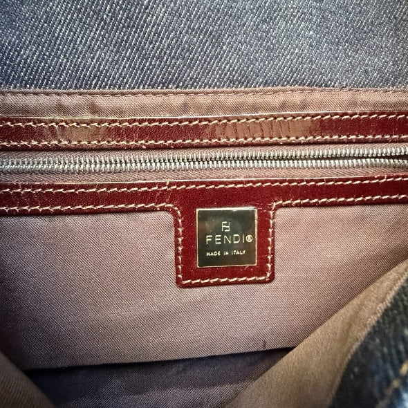 Fendi Denim Baguette Shoulder Bag — Dark Wash Brown Leather Y2K 2000s Vintage