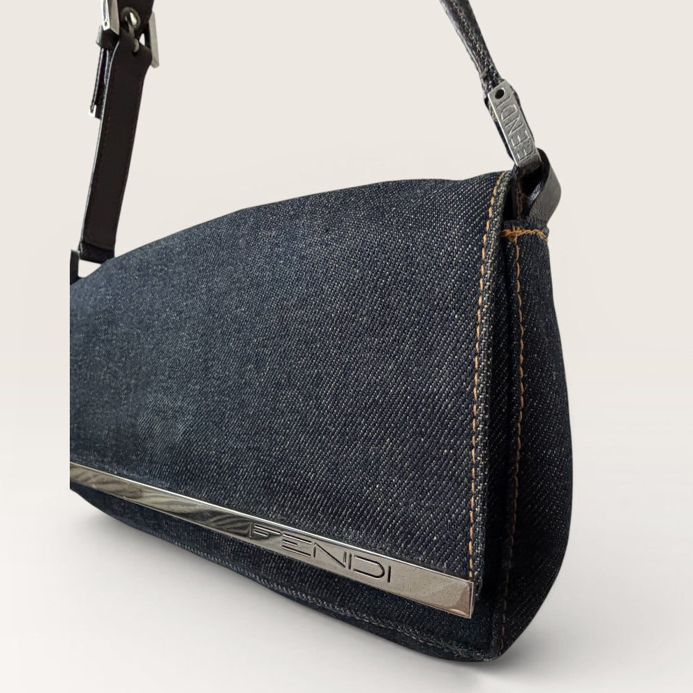 Fendi Denim Baguette Shoulder Bag — Dark Wash Brown Leather Y2K 2000s Vintage