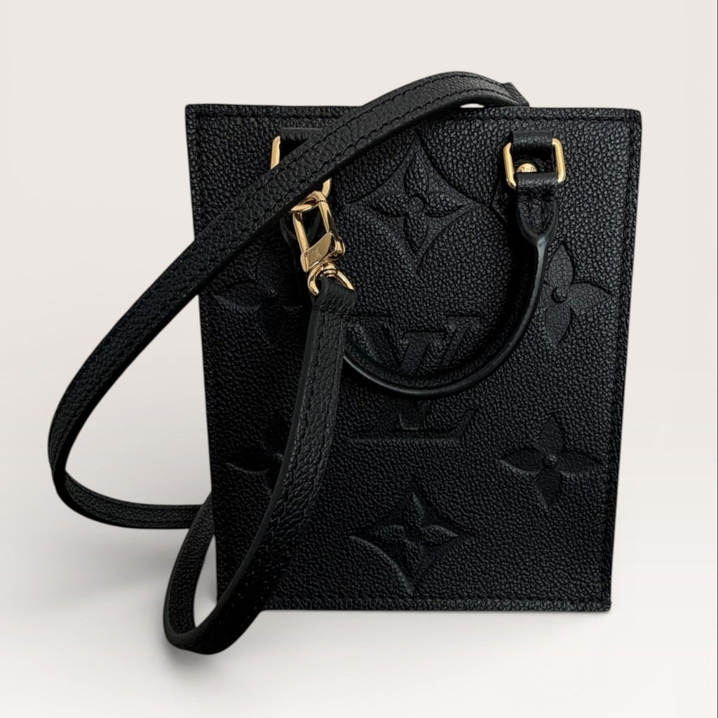 Louis Vuitton petit sac plat black empreinte mini tote front view with  trap