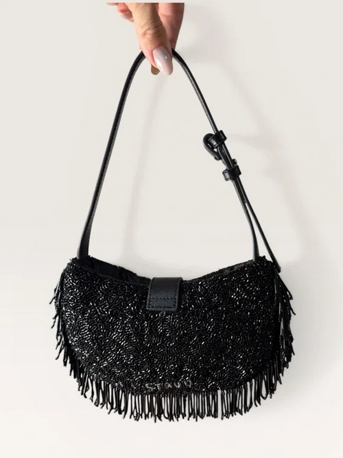 back view of beaded bag with beaded fringe