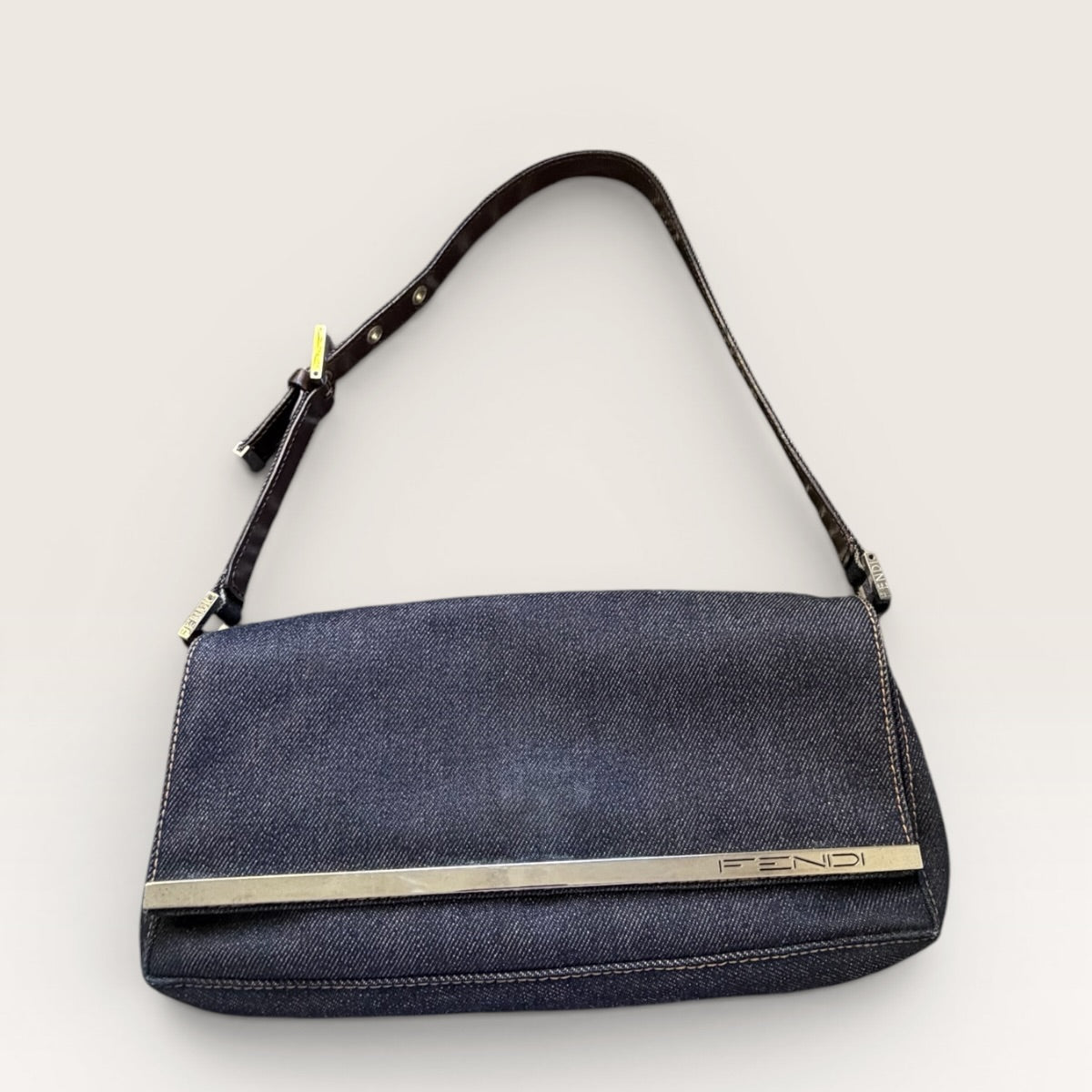 Fendi Denim Baguette Shoulder Bag — Dark Wash Brown Leather Y2K 2000s Vintage