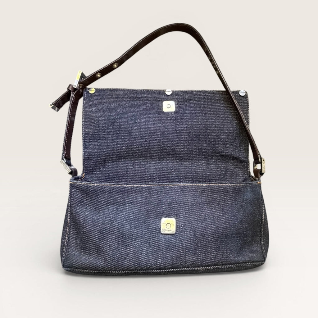 Fendi Denim Baguette Shoulder Bag — Dark Wash Brown Leather Y2K 2000s Vintage