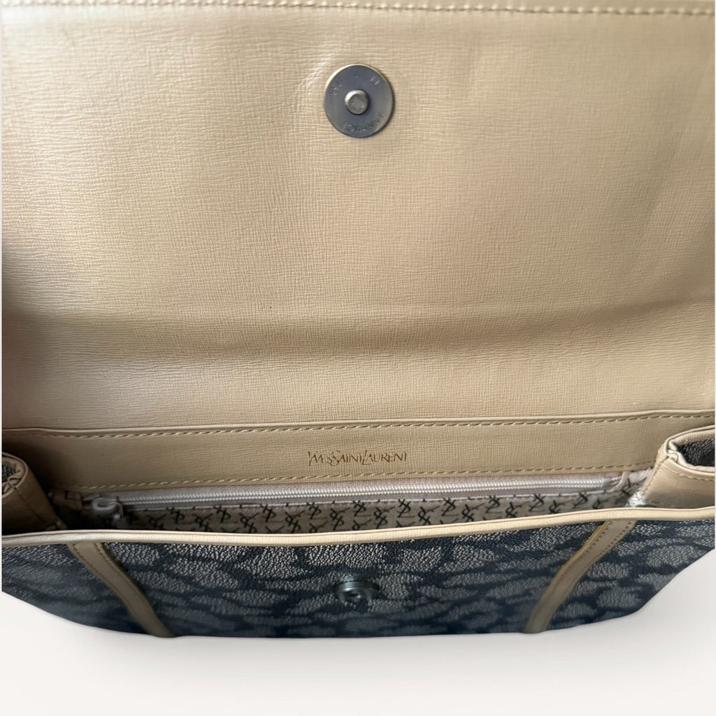 YSL vintage printed clutch interior view including zipper and snap